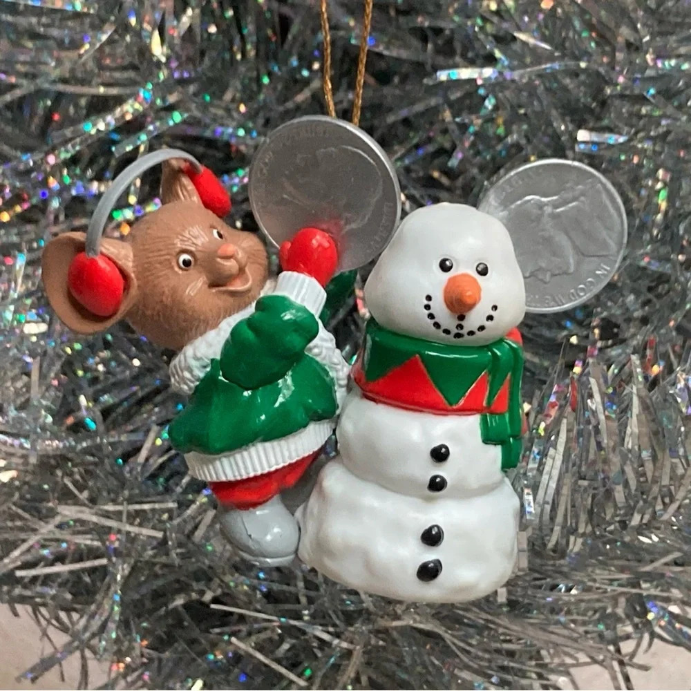 Christmas Charmers Mouse & Snowman Nickel Tree Ornament-Money Well Spent-Vintage
